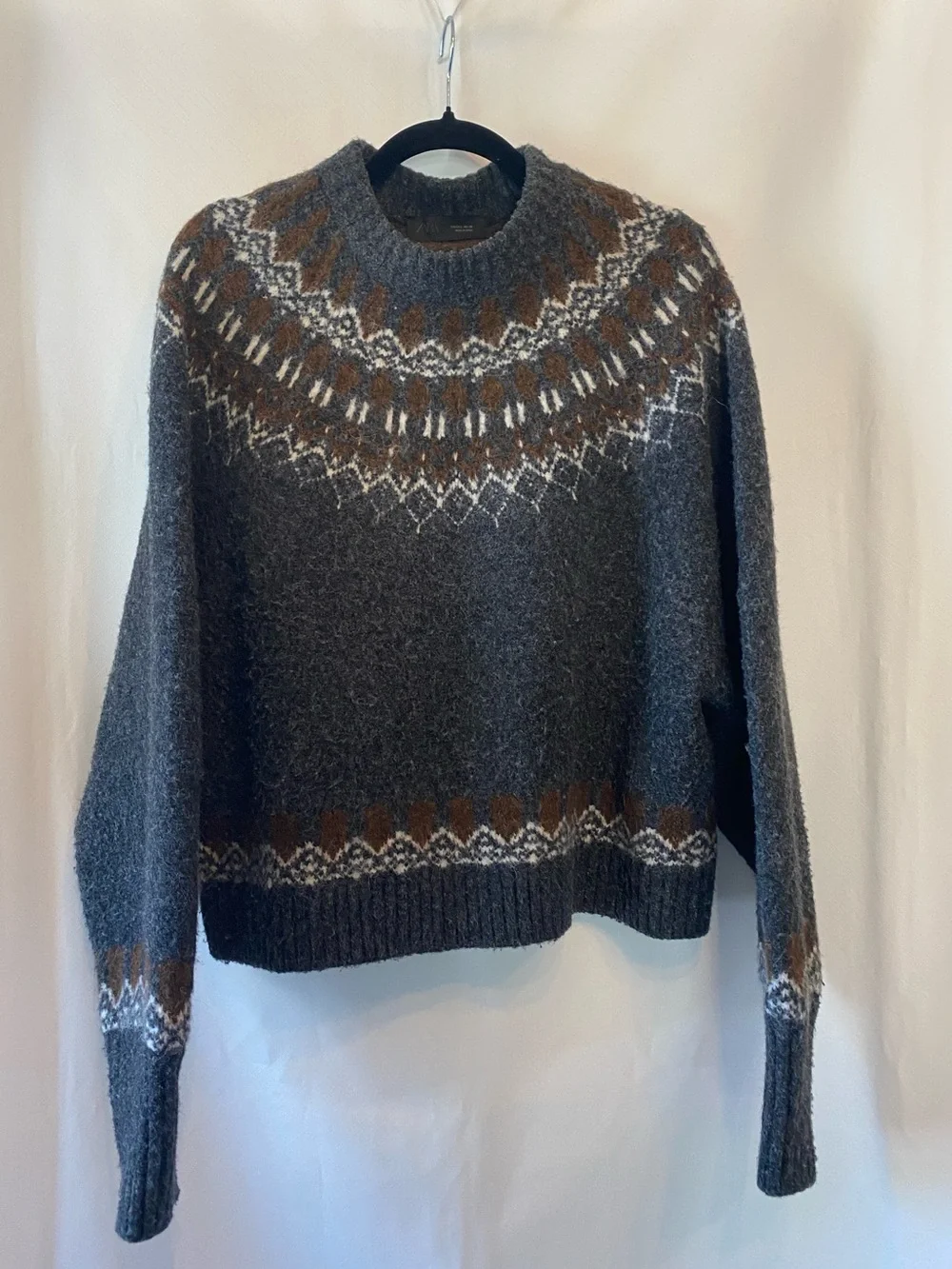 Zara Women's Fair Isle Wool Alpaca Blend Sweater Anthrcite Grey LG Cozycore - Picture 4 of 17